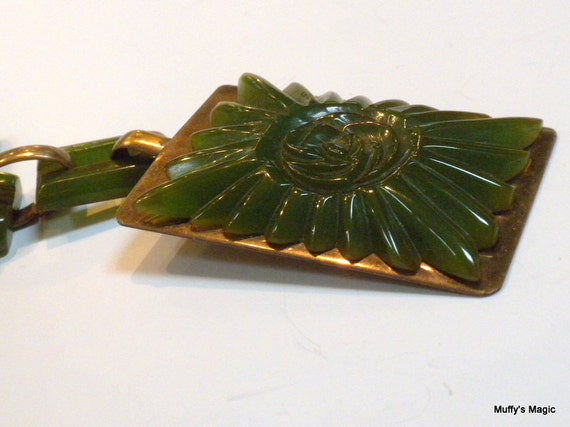 Bakelite Rose Brooch on Brass Green Bakelite - image 5