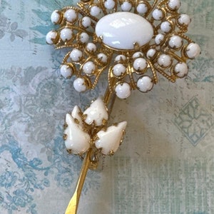 Verified Schreiner Flower Brooch White Milk Glass Stones Filigree