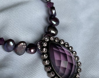 Purple Fresh Water Pearls Faceted Purple Glass Pendant 925