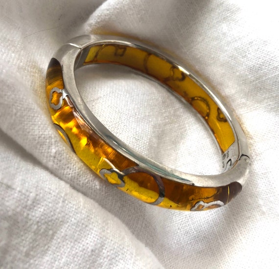 Alan K Sterling Silver Lucite Bangle Hinged Bracelet Golden Yellow