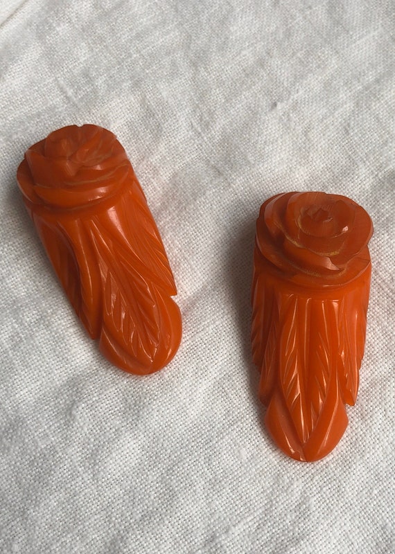 Orange Bakelite Large Dress Clips Pair Deep Carved