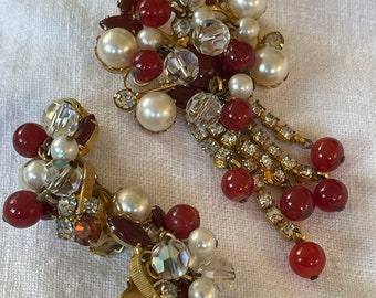 Juliana Faux Carnelian Pearl Dangle rhinestone Brooch Earrings