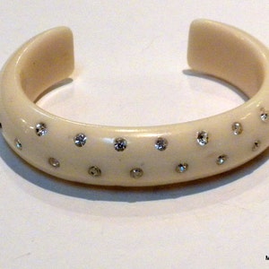 Vintage Cream Celluloid Thermoplastic Bracelet Clear Rhinestone Open Back