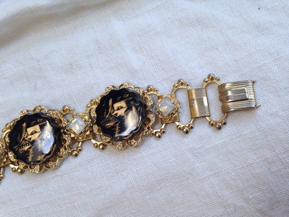 Vintage Bookchain Bracelet Asian Villiage Black G… - image 2
