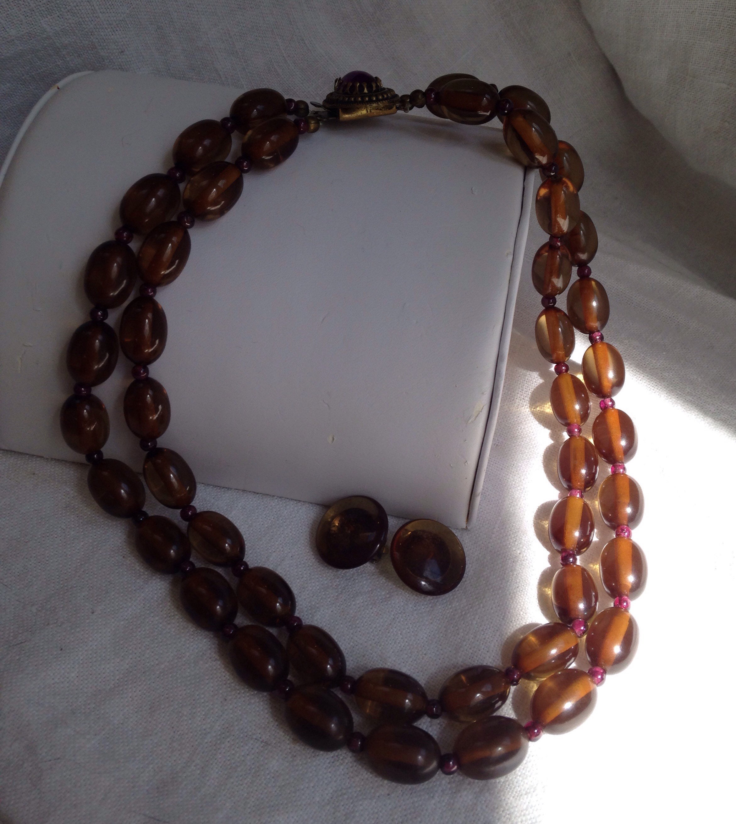 Prystal Vintage Bakelite Prystal Brown Bead Necklace Double Strand Purple ...