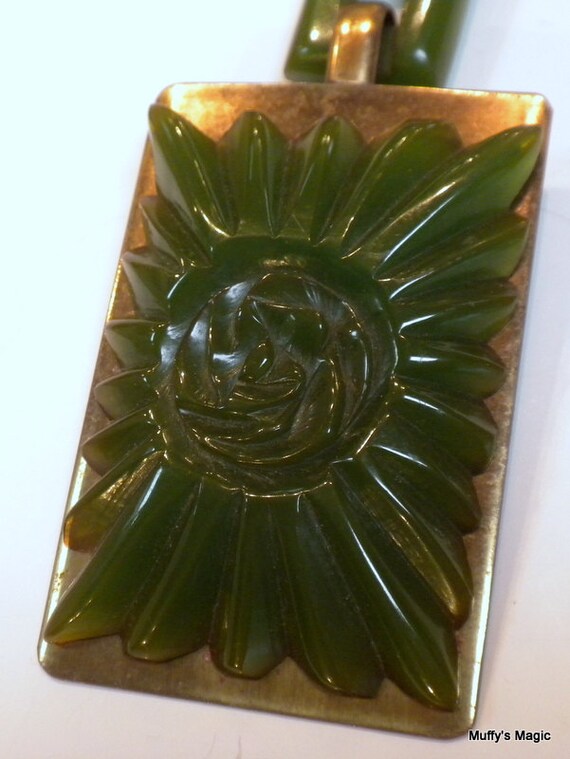 Bakelite Rose Brooch on Brass Green Bakelite - image 2