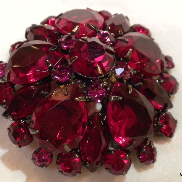 Red Rhinestone Brooch Large Pear Stones Japanned Setting