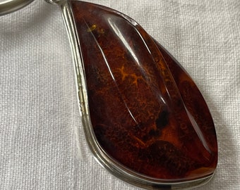 Large Amber Pendant Necklace Sterling Silver Leather Cord