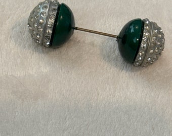 Green and Silver Ball Jabot Pin Studded with Clear Rhinestones