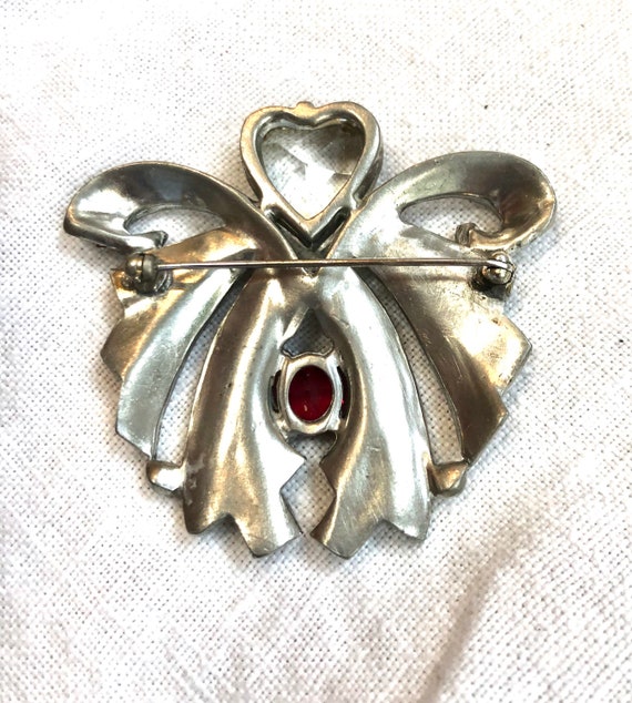 1930s Heart Brooch Rhinestone Art Deco Drapes Red… - image 5