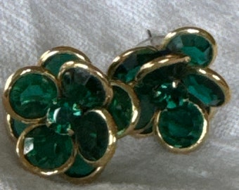 Swarovski Emerald Green Bezel Crystal Flower Clear Earrings with Rhinestone Center