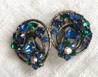 Vendome Dark Blue Flower Rhinestone Earrings Circle Green Rhinestones