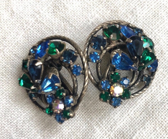 Vendome Dark Blue Flower Rhinestone Earrings Circ… - image 1