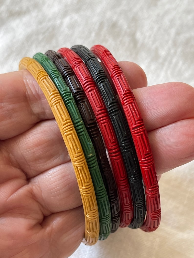Stack of 6 Cinnabar Bangles Green Yellow Brown Red and Black