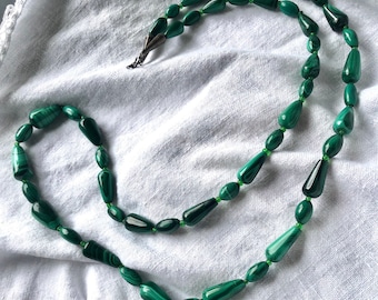 Malachite Stone Cone Bead Necklace Long Silver Clasp