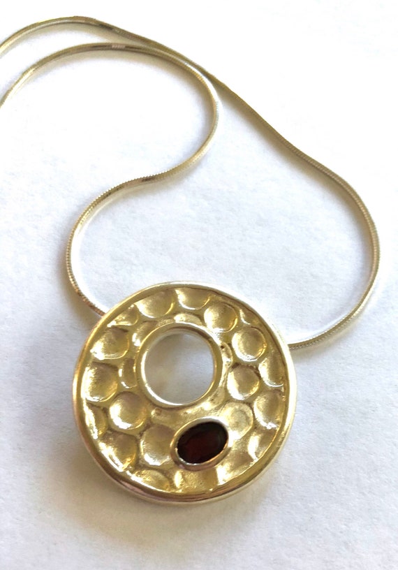 Modern Circle Donut Hole Pendant Necklace Earring Set Sterling Silver Garnet View 2