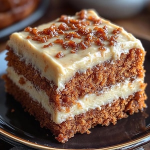May include: A square slice of layered cake with a light brown crumb, creamy white filling, and a thick, light-colored frosting. The top is sprinkled with small, crunchy, brown pieces. The cake sits on a dark brown plate.