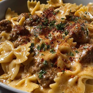Creamy Bowtie Pasta Recipe with Ground Beef (PDF Download)