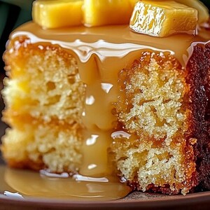 Peut inclure: Un gros plan d'un g&acirc;teau jaune garni de morceaux d'ananas et d'une sauce au caramel. Le g&acirc;teau est tranch&eacute; et la sauce au caramel coule sur les c&ocirc;t&eacute;s.