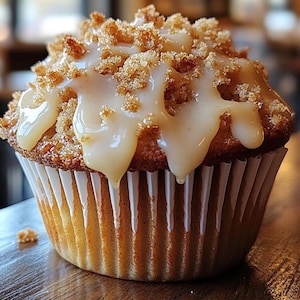 May include: A close-up of a muffin in a white paper liner. The muffin is topped with a light-colored glaze and a generous sprinkle of crumb topping. The muffin is sitting on a wooden surface.