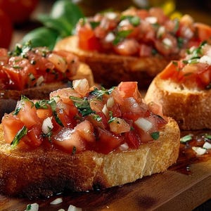 Recette de bruschetta : tomates, ail et basilic sur pain rustique (téléchargement numérique)