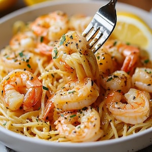 May include: A close-up of a plate of spaghetti with shrimp and lemon. The shrimp are cooked and have a light pink color. The spaghetti is cooked al dente and is coated in a creamy sauce. The lemon is sliced and adds a bright yellow color to the dish.