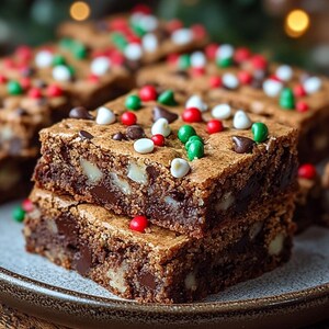 May include: A stack of two chocolate brownies topped with white and green sprinkles. The brownies are on a brown plate.