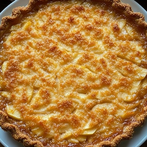 Può includere: Una torta di mele dorata con una crosta friabile, servita su un piatto azzurro. La torta presenta fette sottili di mele disposte in un motivo decorativo e ricoperte da una glassa zuccherata. La crosta ha un bordo smerlato.