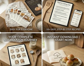 Puede incluir: Imagen que muestra guías y recetas de panadería con masa madre. Presenta una tableta con una "Guía de inicio de masa madre para principiantes" y tarjetas de recetas. También se ven una cuchara de madera, un tarro de masa madre y un plato con panecillos. El texto incluye "Fácil para todos" y "Descarga instantánea | Empieza ahora."