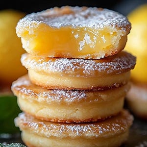 May include: A stack of four lemon curd filled cookies, dusted with powdered sugar. The top cookie is broken in half, revealing the bright yellow lemon curd filling.