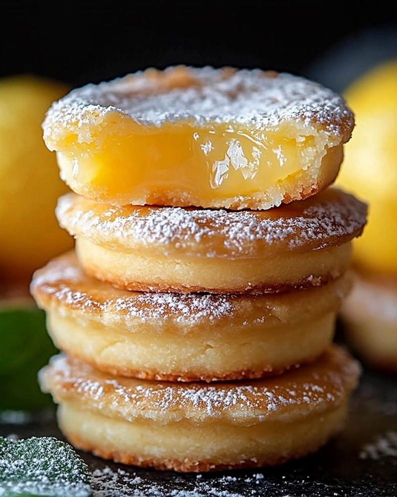 May include: A stack of four lemon curd filled cookies, dusted with powdered sugar. The top cookie is broken in half, revealing the bright yellow lemon curd filling.