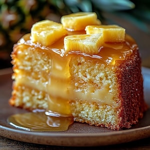 Peut inclure: Une part de g&acirc;teau renvers&eacute; &agrave; l'ananas avec un gla&ccedil;age au caramel et des morceaux d'ananas sur le dessus. Le g&acirc;teau est sur une assiette brune.
