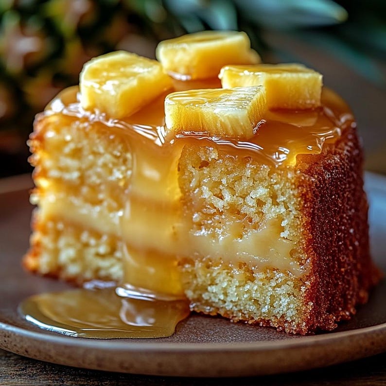 Peut inclure: Une part de g&acirc;teau renvers&eacute; &agrave; l'ananas avec un gla&ccedil;age au caramel et des morceaux d'ananas sur le dessus. Le g&acirc;teau est sur une assiette brune.