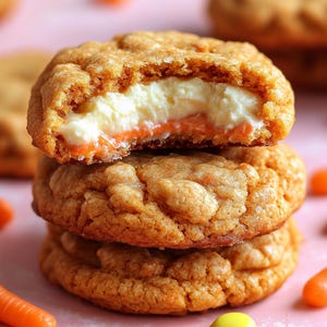 Op de afbeelding: Een stapel van drie pompoenspeculaas koekjes met een romige witte vulling. Het bovenste koekje is gedeeltelijk opgegeten, waardoor de oranje vulling zichtbaar wordt.