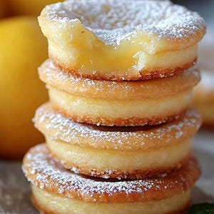 May include: A stack of four lemon curd filled shortbread cookies, dusted with powdered sugar. The top cookie has a bite taken out of it, revealing the bright yellow lemon curd filling.