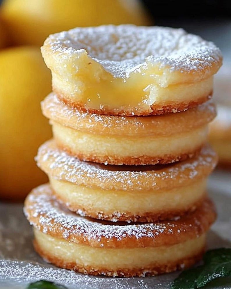 May include: A stack of four lemon curd filled shortbread cookies, dusted with powdered sugar. The top cookie has a bite taken out of it, revealing the bright yellow lemon curd filling.