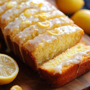 Può includere: Un pan di spagna al limone con una glassa bianca e scorza di limone sulla parte superiore. Il dolce è tagliato a fette ed è pronto per essere servito.