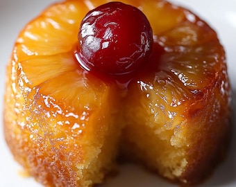 Könnte beinhalten: Ein einzelner Portion Ananas-Kuchen, verkehrt herum gebacken, mit einer Kirsche oben drauf. Ein Stück wurde aus dem Kuchen herausgenommen, wodurch der feuchte, gelbe Kuchen im Inneren sichtbar wird.