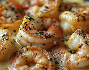 Puede incluir: Primer plano de un plato de camarones cocidos en una salsa cremosa con perejil picado. Los camarones están dispuestos en forma circular y están ligeramente dorados.