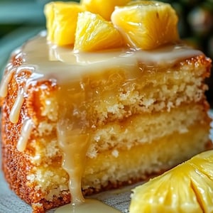 Peut inclure: Un gros plan d'un g&acirc;teau renvers&eacute; &agrave; l'ananas avec une couche de tranches d'ananas et un gla&ccedil;age blanc. Le g&acirc;teau est sur une assiette blanche avec une tranche d'ananas sur le c&ocirc;t&eacute;.