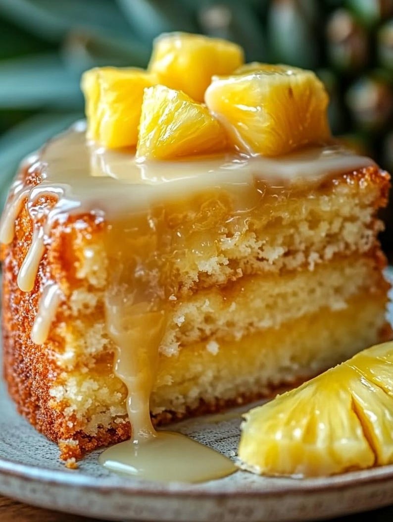 Peut inclure: Un gros plan d'un g&acirc;teau renvers&eacute; &agrave; l'ananas avec une couche de tranches d'ananas et un gla&ccedil;age blanc. Le g&acirc;teau est sur une assiette blanche avec une tranche d'ananas sur le c&ocirc;t&eacute;.
