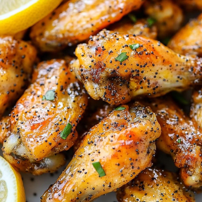 May include: Close-up of crispy, golden brown chicken wings coated in a glossy sauce and sprinkled with black pepper. The wings are arranged in a pile, with some overlapping.