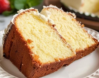 May include: Two slices of yellow cake with white frosting on a white plate. The cake is moist and fluffy, and the frosting is smooth and creamy.
