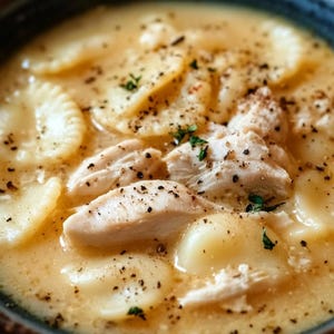 May include: A close-up of a bowl of creamy chicken and dumplings. The dumplings are white and round, and the chicken is shredded and white. The soup is seasoned with black pepper.