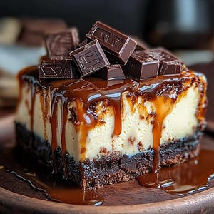 May include: A slice of cheesecake with a chocolate brownie crust, topped with chocolate squares and drizzled with caramel sauce.