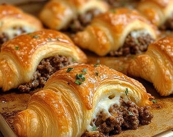 May include: A baking sheet filled with golden brown croissants filled with savory meat and cheese. The croissants are arranged in a row, with the filling visible in each one.