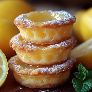 May include: A stack of three lemon tarts with a light yellow filling and a dusting of powdered sugar. The tarts are made with a golden brown crust and have a glossy lemon glaze.