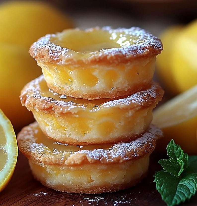 May include: A stack of three lemon tarts with a light yellow filling and a dusting of powdered sugar. The tarts are made with a golden brown crust and have a glossy lemon glaze.