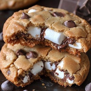 May include: Two chocolate chip cookies with marshmallow and chocolate filling. The cookies are broken in half, revealing the gooey filling. There are chocolate chips scattered around the cookies.