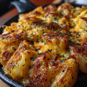 May include: Close-up of a cast iron skillet filled with golden-brown, cheesy potatoes. The potatoes are topped with melted cheese and sprinkled with green herbs. The skillet sits on a wooden surface.